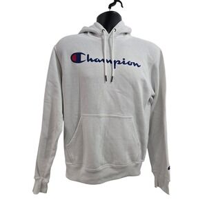 Champion Hoodie Men's Small White Script Logo Pullover Fleece Sweatshirt GF89H